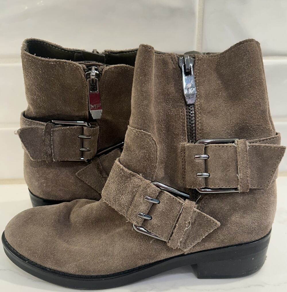 Marc Fisher Parole Moto Brown Suede Booties Buckles Zippers Boots Womens Sz 6M